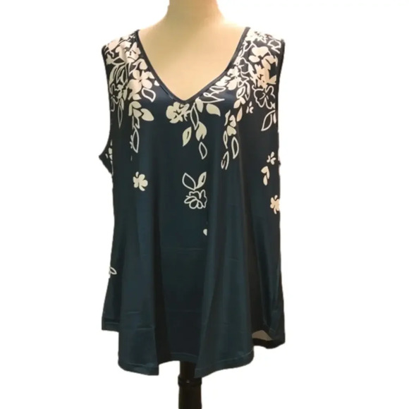 Floral Print Tunic White on Green V Neck Sleeveless Stretch Women 3XL (US 18) - Picture 1 of 5
